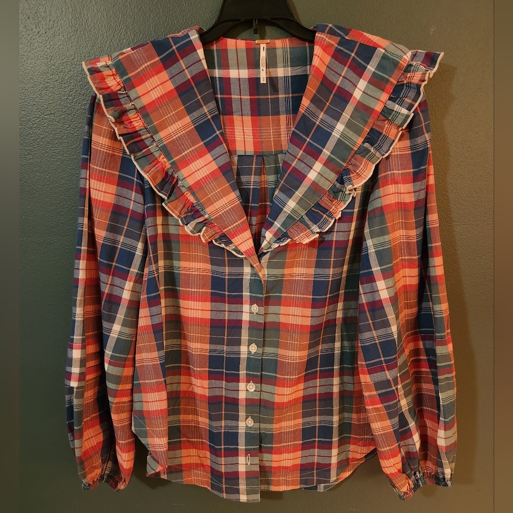 Free People Pink And Blue Plaid Peter Pan Collar Button Down Top Size M